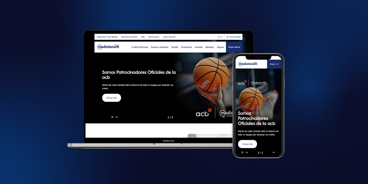 Vista de la nueva web de Banco Mediolanum en dispositivos móvil y tablet, con diseño responsive centrado en la experiencia del usuario.